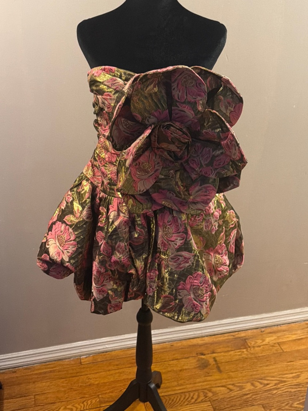 AKIRA Pink and Green Floral Brocade Mini Skirt